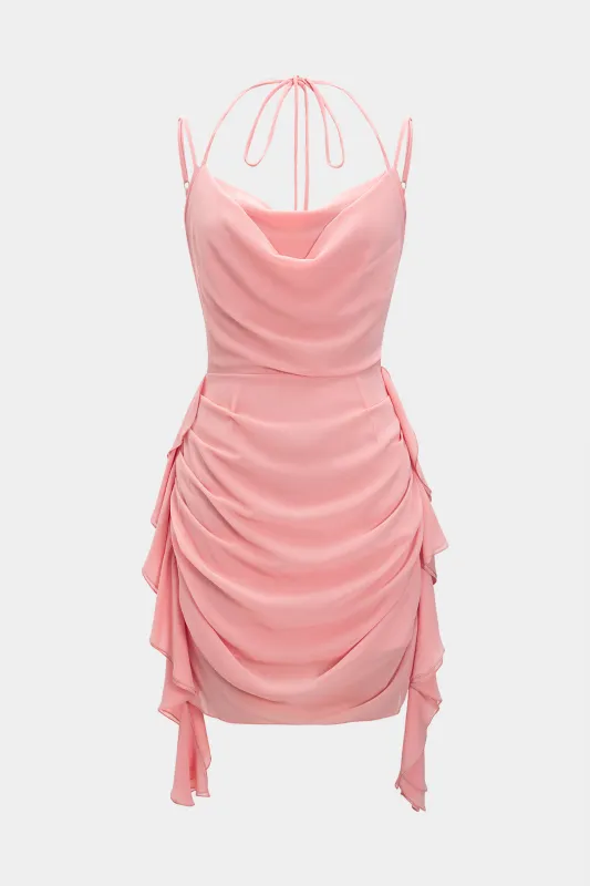 Ruched Ruffle Cowl Neck Halter Backless Sleeveless Slip Mini Dress sold by Micas
