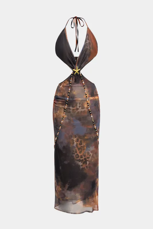 Mesh Tie Dye Print Metallic Decor Beaded V-Neck Halter Rygfri Skåret ærmeløs maxi-kjole sold by Micas