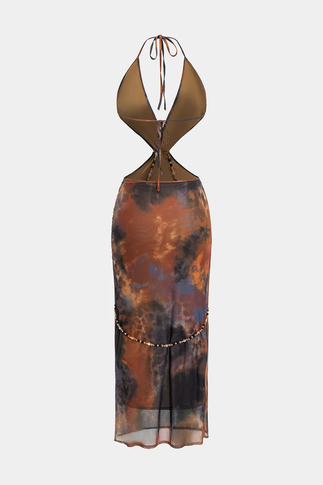 Mesh Tie Dye Print Metallic Decor Beaded V-Neck Halter Rygfri Skåret ærmeløs maxi-kjole sold by Micas product image thumbnail 2