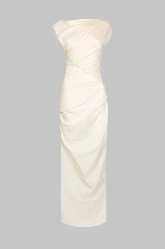 Ruched Asymmetrical Short Sleeve Slit Maxi Dress sold by Micas