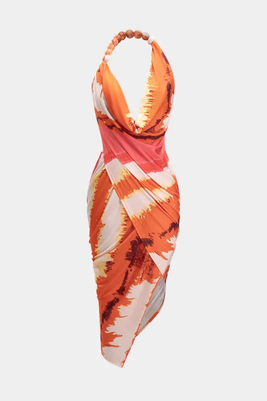 Satin akvarelprint cowl hals halter flettet rygfri maxi kjole sold by Micas