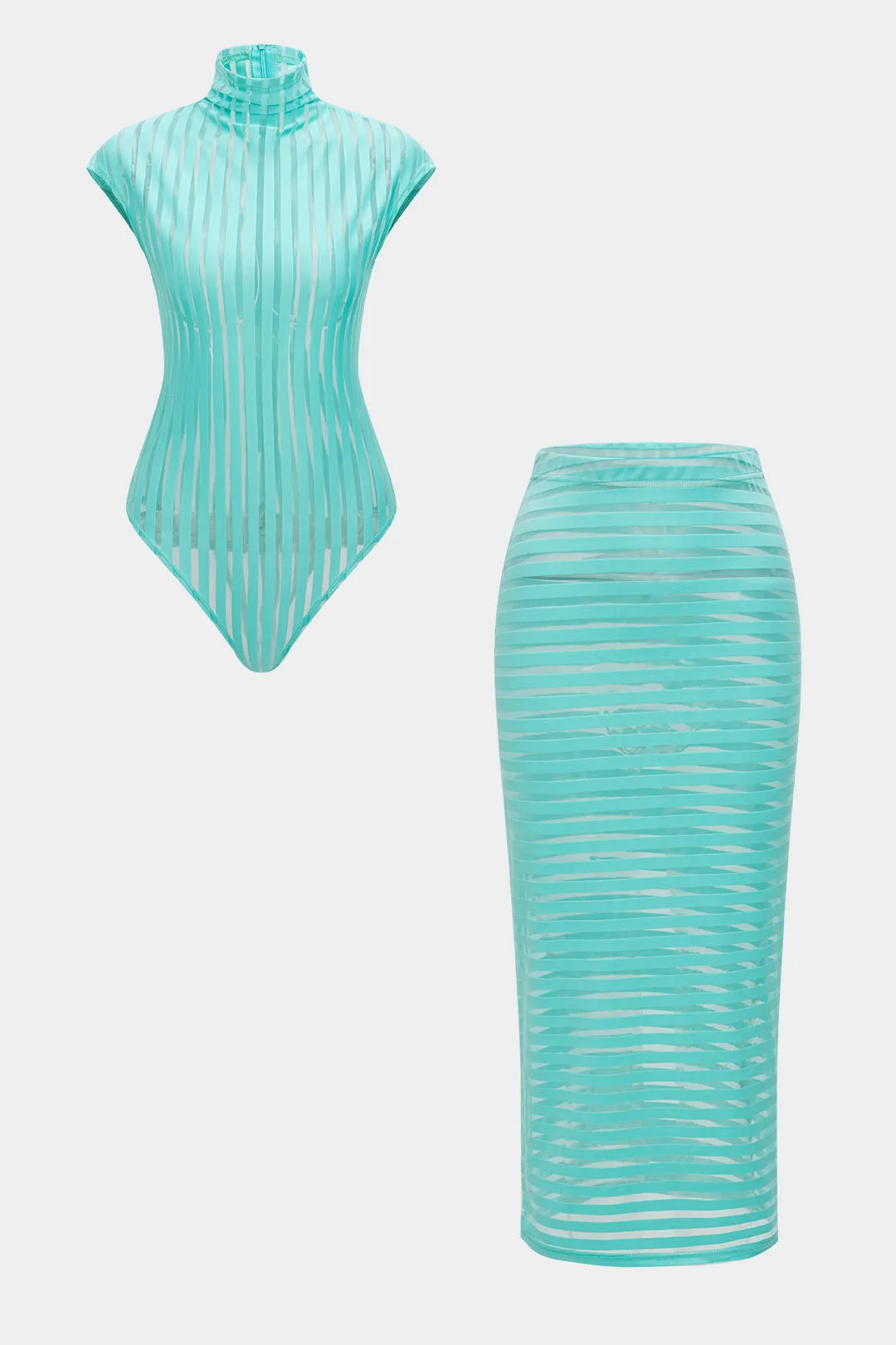 Striber mesh lynlås bodysuit og nederdel sæt sold by Micas