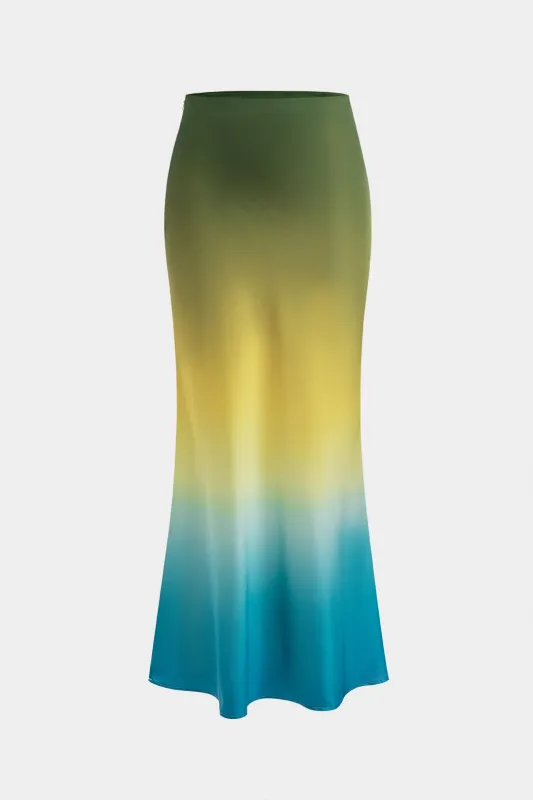 Ombre print satin nederdel sold by Micas