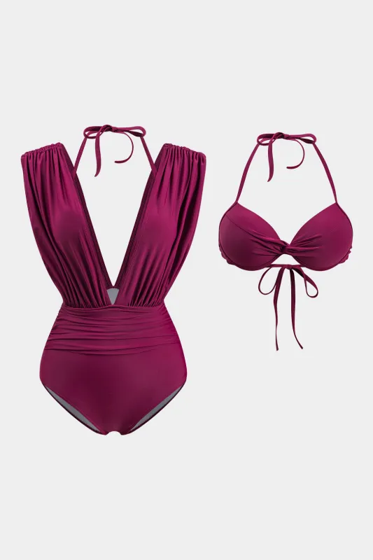 RUCHED V-hals i ét stykke badedragt med bikini top sold by Micas