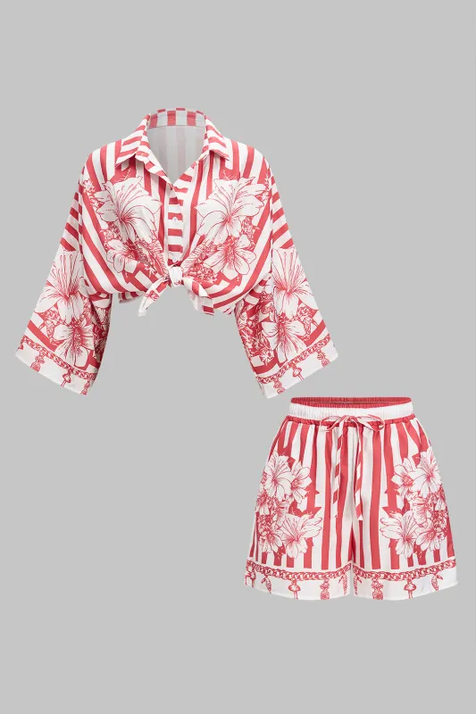 Geometrisk blomsterprint Bat Sleeve Shorts Set sold by Micas