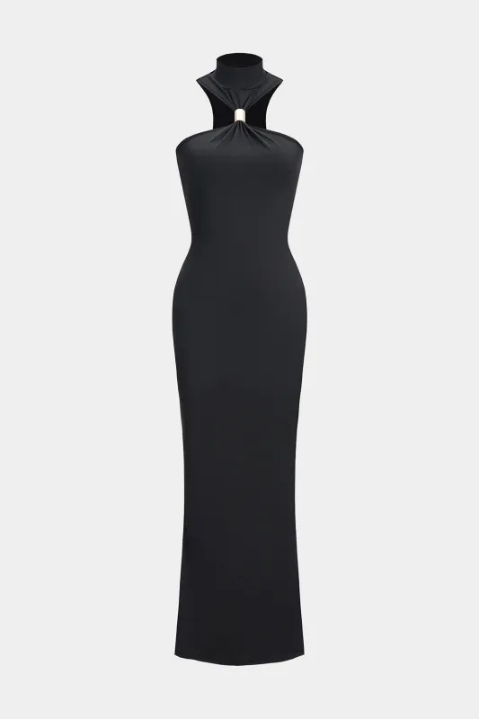 Halter Neck Metallic Decor Sleeveless Slit Maxi Dress sold by Micas