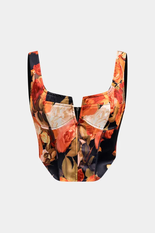 Floral Print Bustier Slip V-Neck Zipper Detail Cami Top sold by Micas