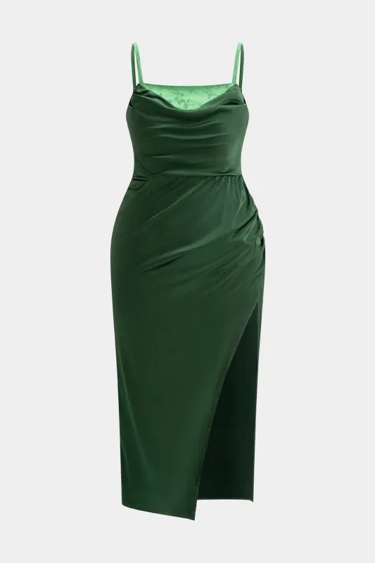 Plus Size Satin Ruched Slit Cowl Neck Sleeveless Midi Dress sold by Micas