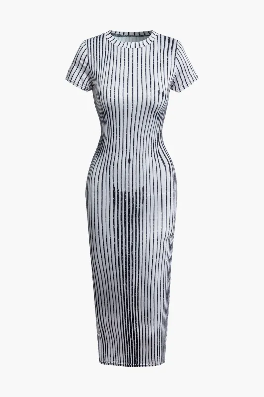 Stripes Body Print Short Sleeve Midi Dress sold by Micas