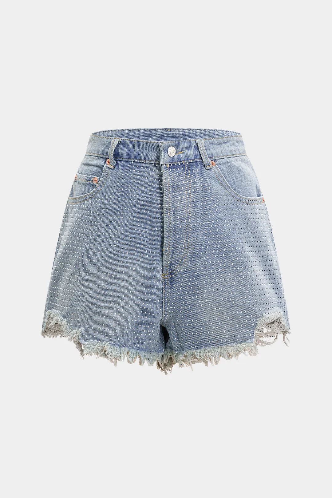 Denim flod flossede rhinestone høje talje shorts sold by Micas