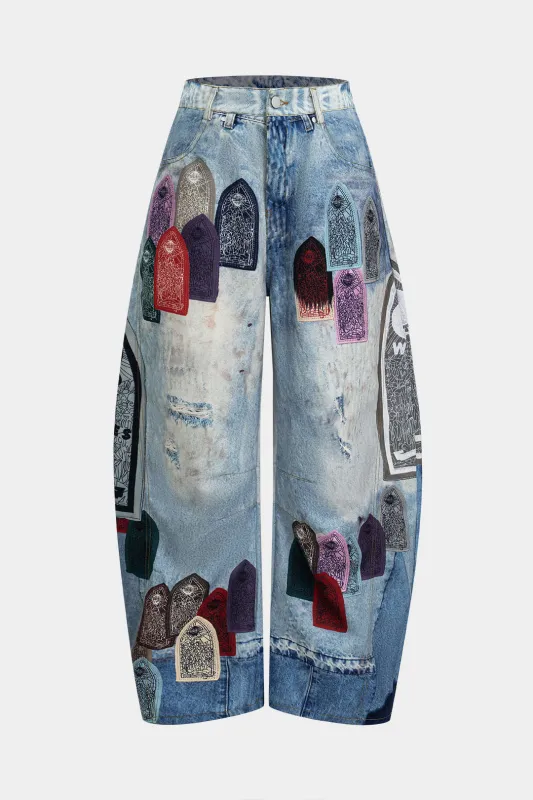 Abstract Print Wide Ben Barrel Bukser sold by Micas