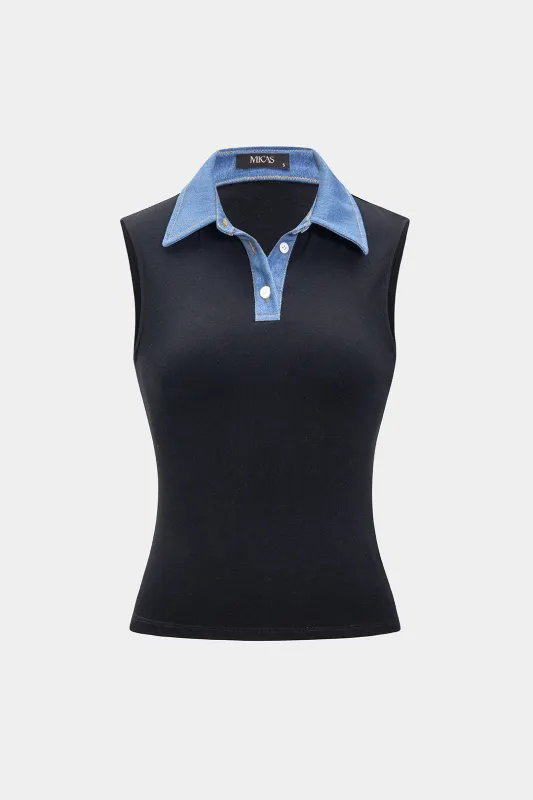 Denim knap patchwork ærmeløs tank top sold by Micas