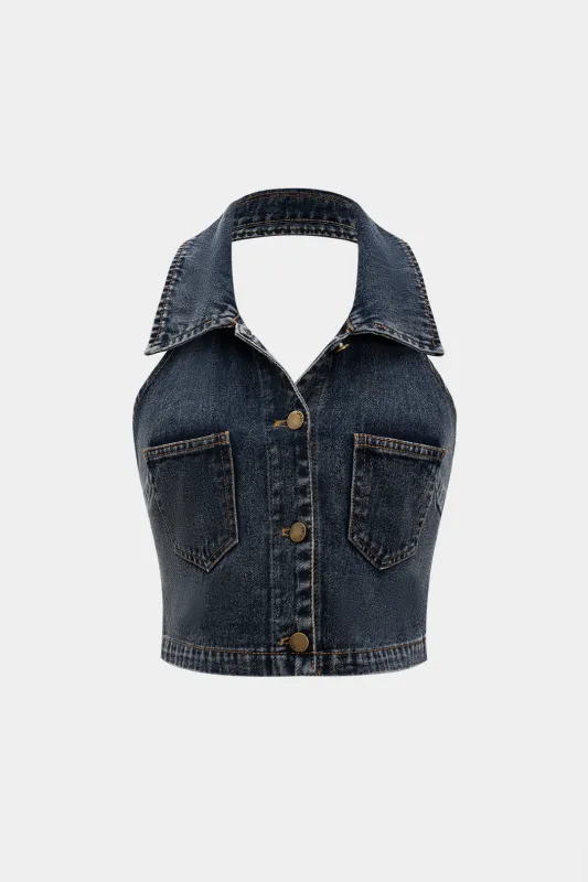 Denim halter hals knap lomme ærmeløs afgrøde top sold by Micas