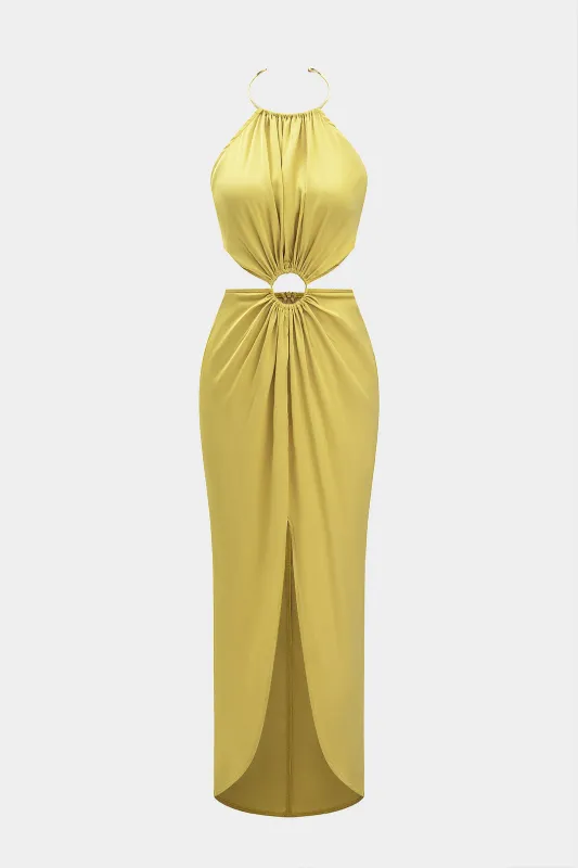 Satin Halter Neck Metallic Ring Cut Out Slip Backless Sleeveless Midi Dress sold by Micas