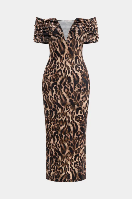 Leopard print rhinestone v-hals off-skulder midi kjole sold by Micas