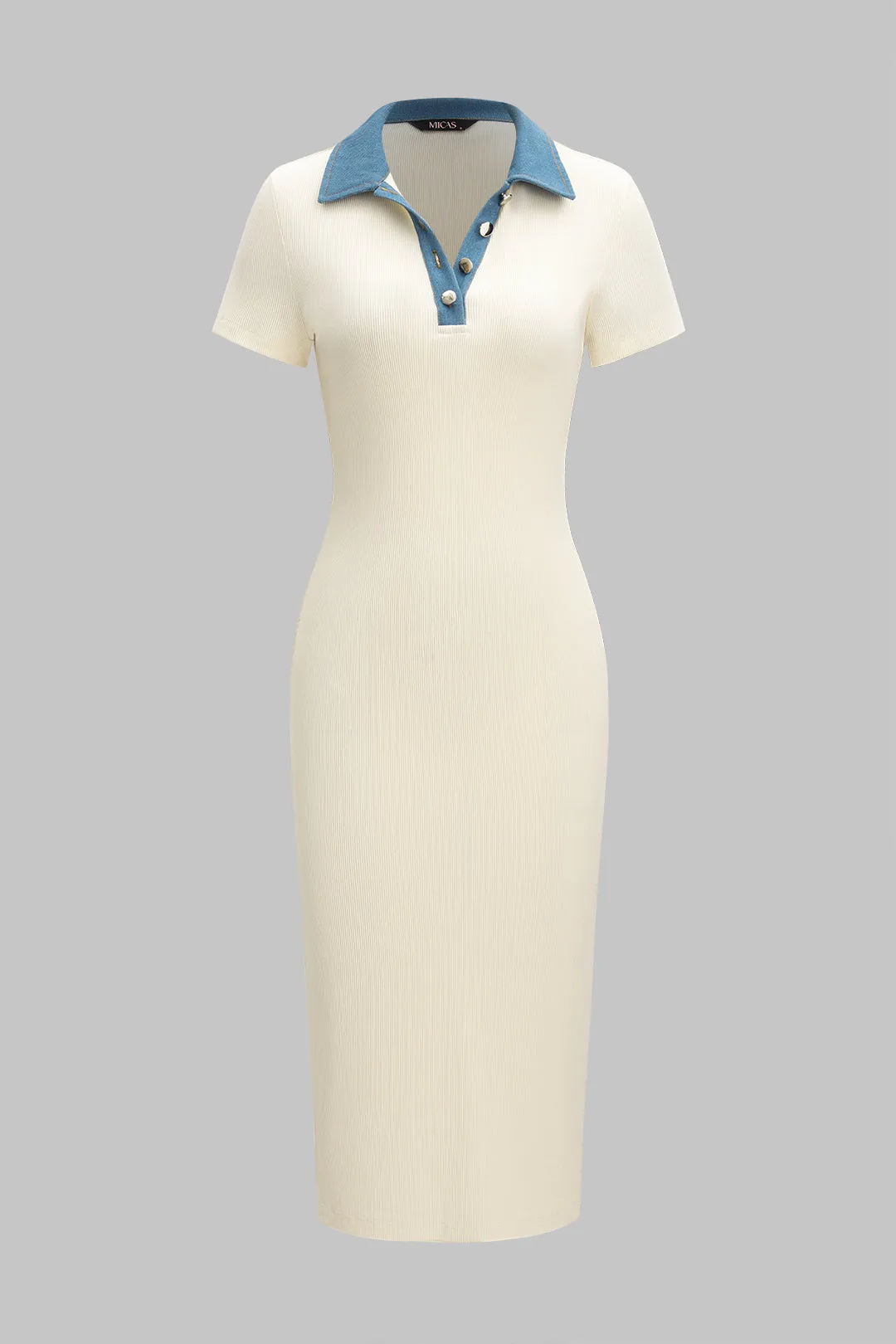 Denim patchwork kort ærme midi kjole sold by Micas
