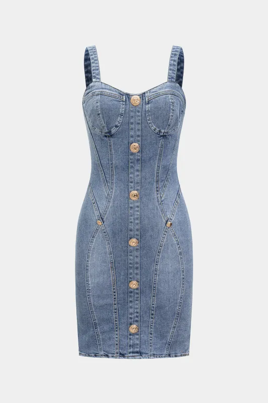 Denim knap ærmeløs bustier kjole sold by Micas