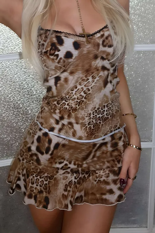 Leopard Print V-neck Cami Top And Mini Skirt Set sold by Micas