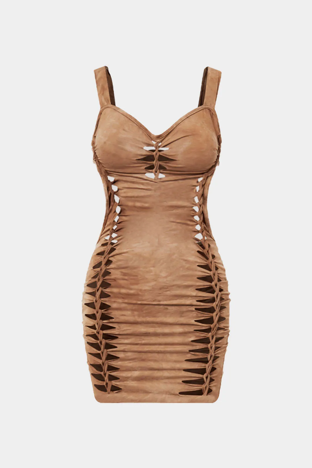 Skær detaljer ruched rygfri ærmeløs midi -kjole sold by Micas