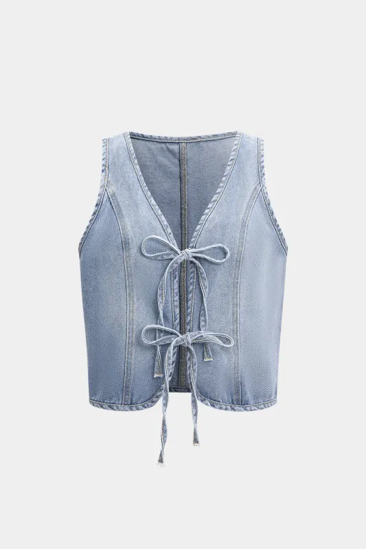 Denim v-hals binding afgrøde top sold by Micas