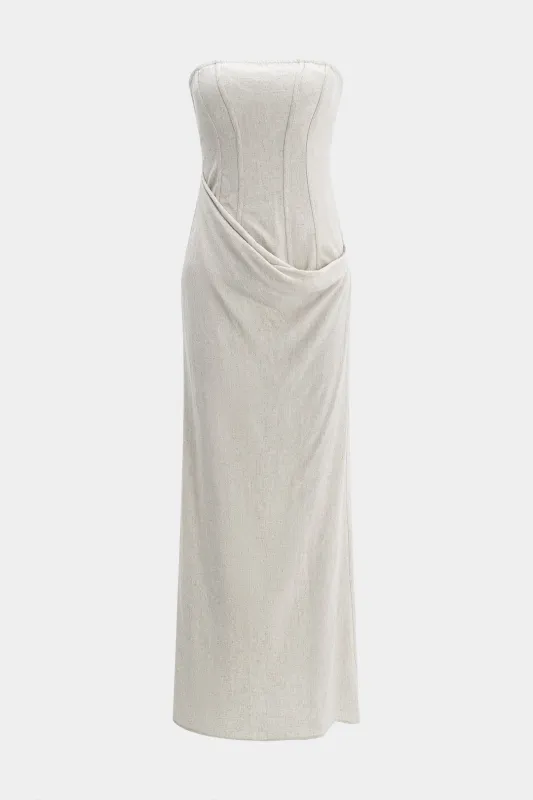 Linned Ruched Stropløs ærmeløs Midi -kjole sold by Micas