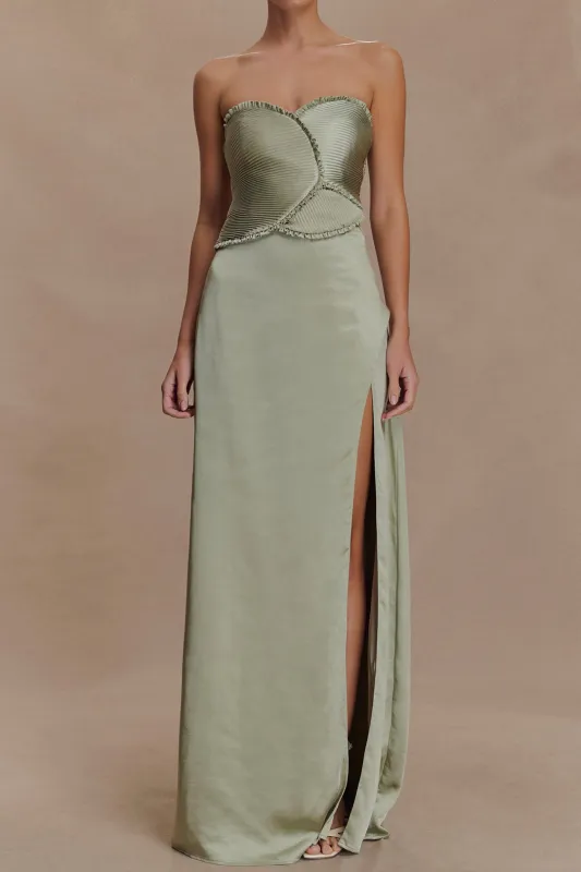 Satin Asymmetrical High Slit Strapless Sleeveless Maxi Dress sold by Micas