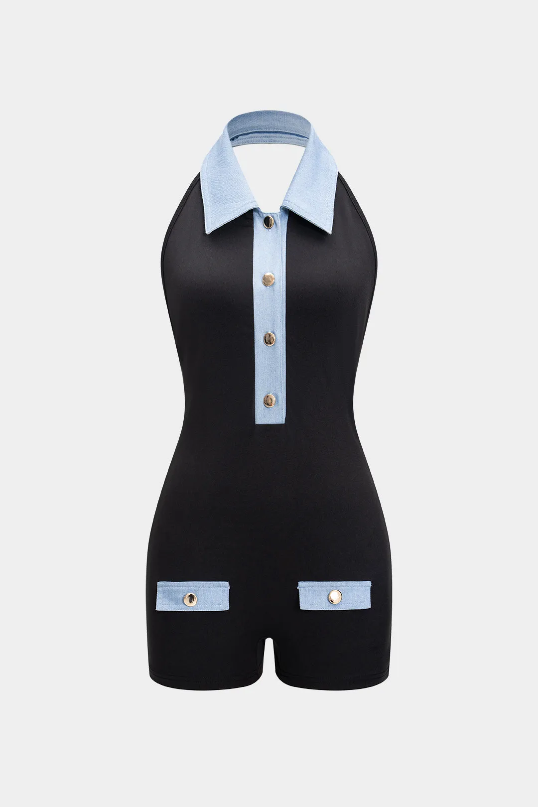 Patchwork metallisk knap ærmeløs romper sold by Micas