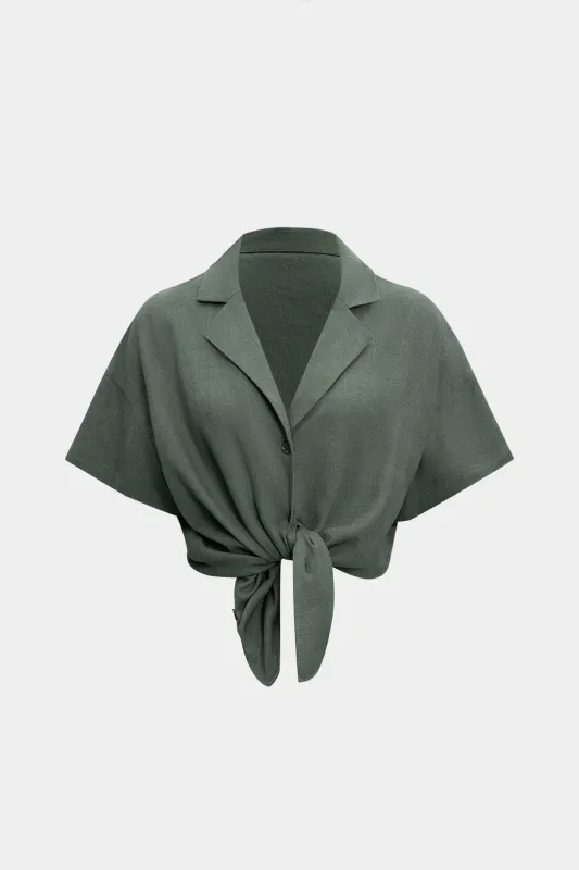 Linneknap V-hals kortærmet skjorte sold by Micas