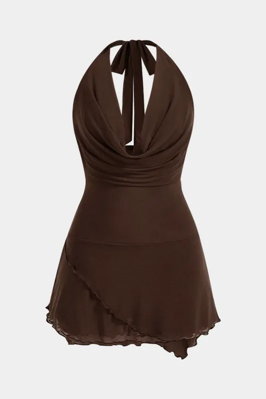 Plus størrelse mesh cowl hals halter ærmeløs mini kjole sold by Micas