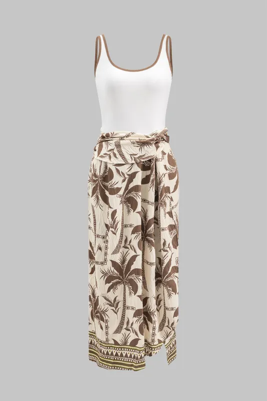 Palm Print Ruched Patchwork Rygfri ærmeløs maxi -kjole sold by Micas