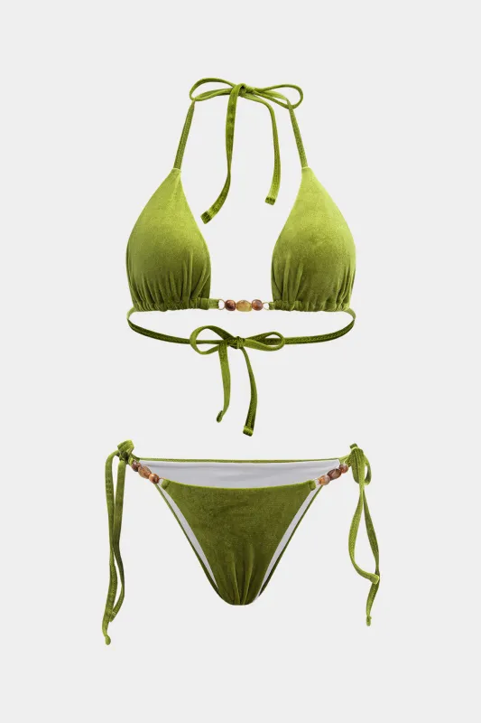 Velvet Beaded Tie-Up To-Pieces Bikini Set sold by Micas