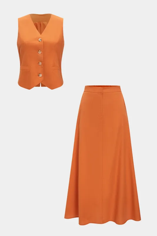 Linned V-Neck Button Tank Top og Ruched Nederdel sæt sold by Micas