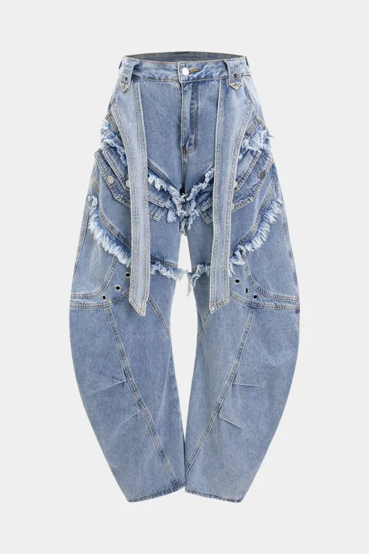 Denim flossede brede ben tønde jeans sold by Micas