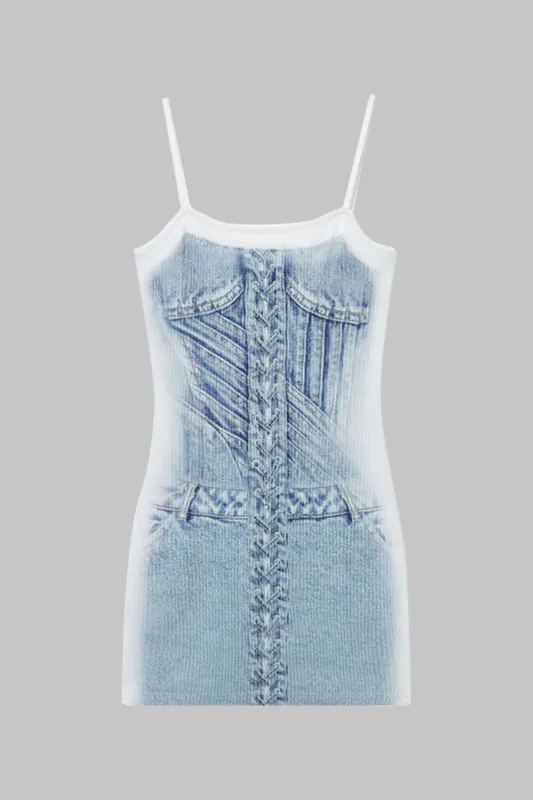 Denim print ærmeløs slip mini kjole sold by Micas