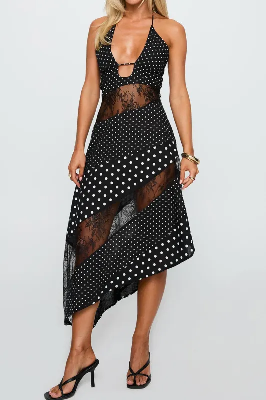 Chiffon polka dot print blonder patchwork asymmetrisk v-hals halter hals ærmeløs midi kjole sold by Micas