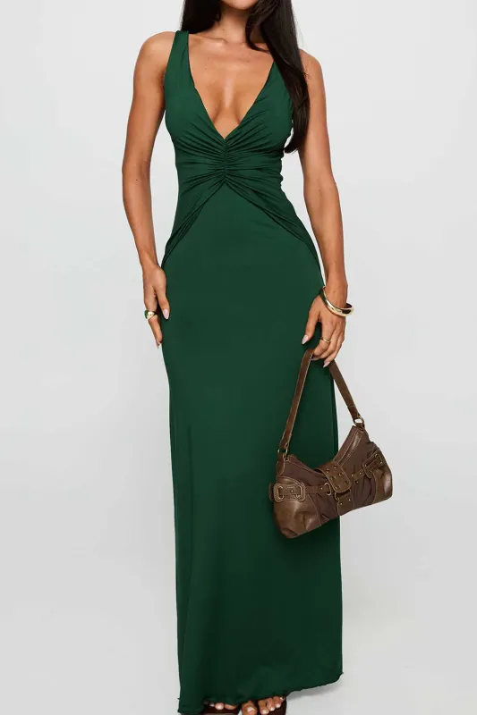 Satin ruched V-hals rygfri ærmeløs maxi kjole sold by Micas