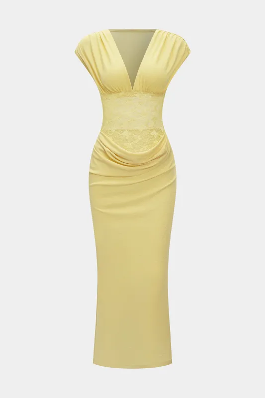 Ruched V-hals blonder patchwork maxi kjole sold by Micas