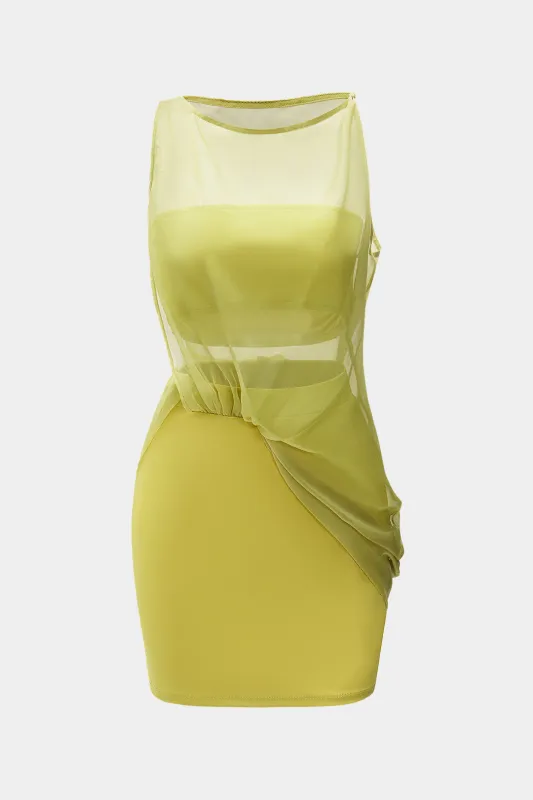 Mesh Patchwork Asymmetrical Ruched ærmeløs maxi -kjole sold by Micas