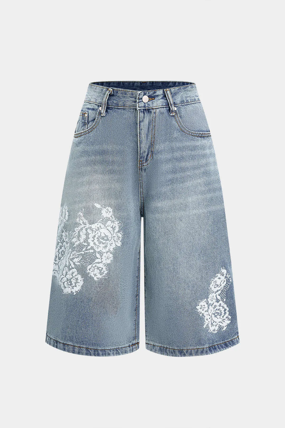 Denim blomsterprint høj talje lige ben shorts sold by Micas