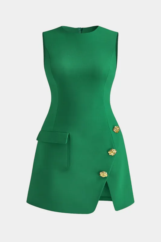 Plus størrelse metallisk knap lynlås detaljer spalte ærmeløs mini kjole sold by Micas