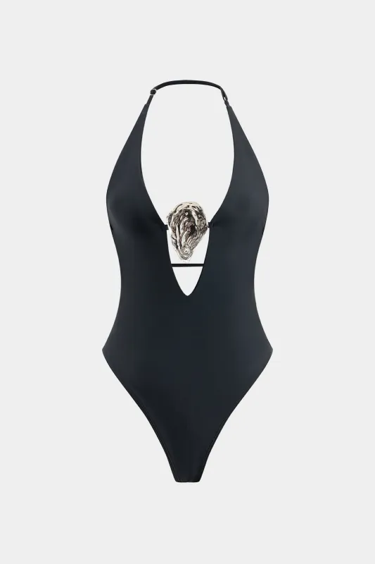 Metallisk indretning V-hals halter rygfri mave kontrol i ét stykke badedragt sold by Micas