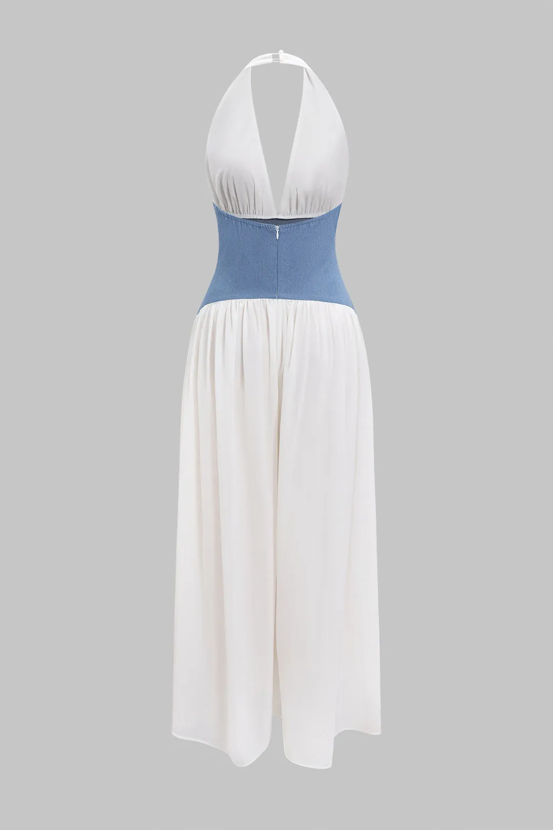 Chiffon denim patchwork v-hals halter ruched ærmeløs jumpsuit sold by Micas product image thumbnail 2