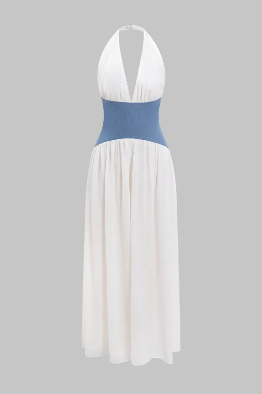 Chiffon denim patchwork v-hals halter ruched ærmeløs jumpsuit sold by Micas