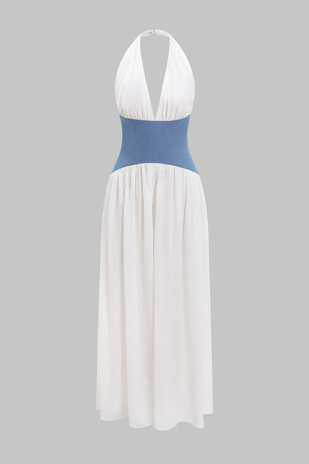 Chiffon denim patchwork v-hals halter ruched ærmeløs jumpsuit sold by Micas