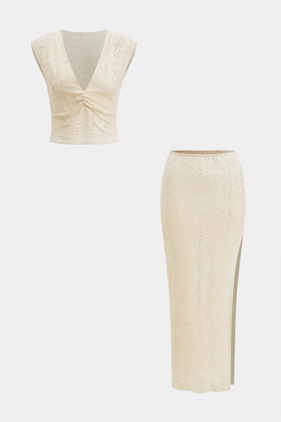 Hollow Out V-Neck Ruched Tank Top And High Slit Skirt Set sold by Micas