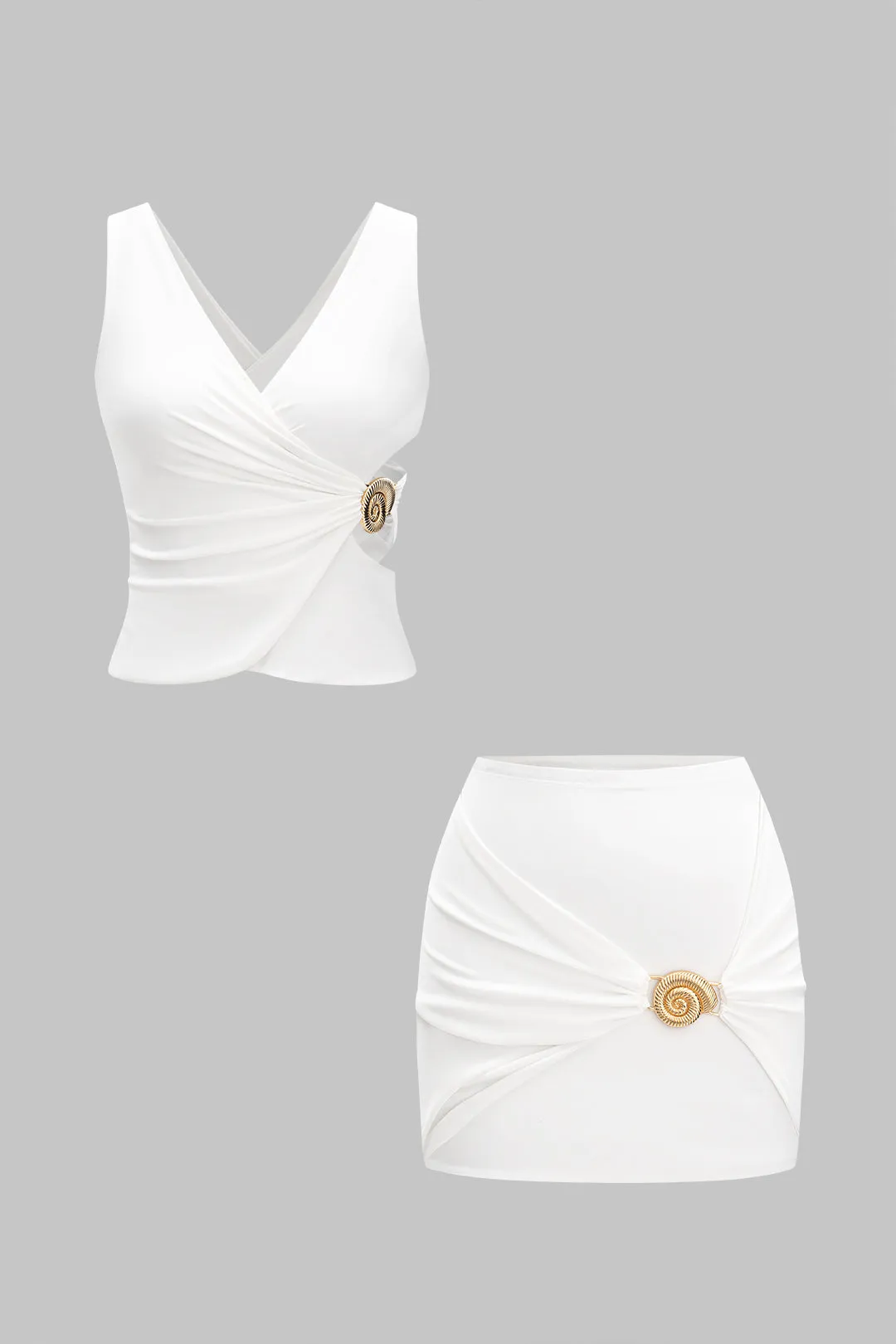 Metallisk indretning asymmetrisk ruched udskåret tank top og nederdel sold by Micas