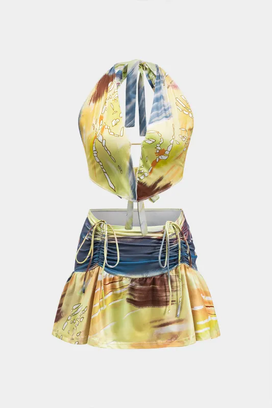 Ombre print v-hals halter rygfri bindetank top og ruched mærker nederdel sæt sold by Micas