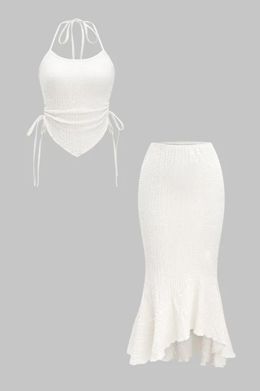 Tekstureret halterhals ruched tank top og asymmetrisk ruffle nederdel sæt sold by Micas