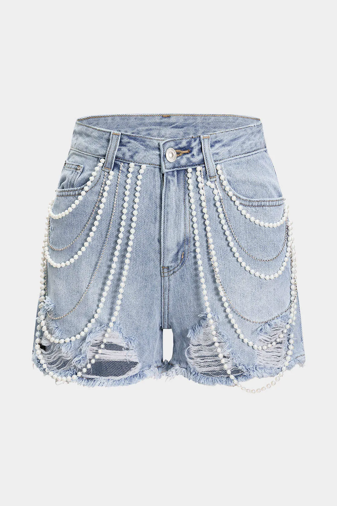 Denim perle kædeindretning revet flossede høje talje shorts sold by Micas
