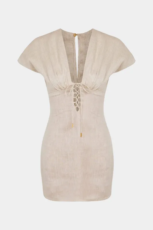 Linen Ruched V-Neck Tie-Up Mini Dress sold by Micas